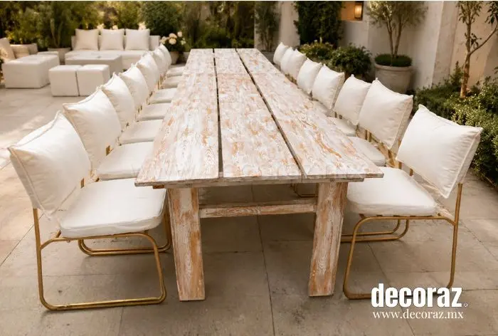 Mesa vintage deslavada con sillas metálicas doradas y cojines color marfil para evento elegante