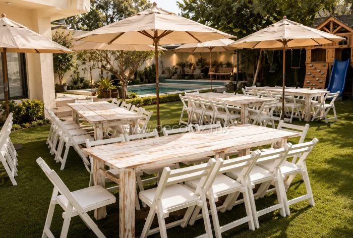 Mesa vintage blanca deslavada con sillas Avantgarde para boda en jardín