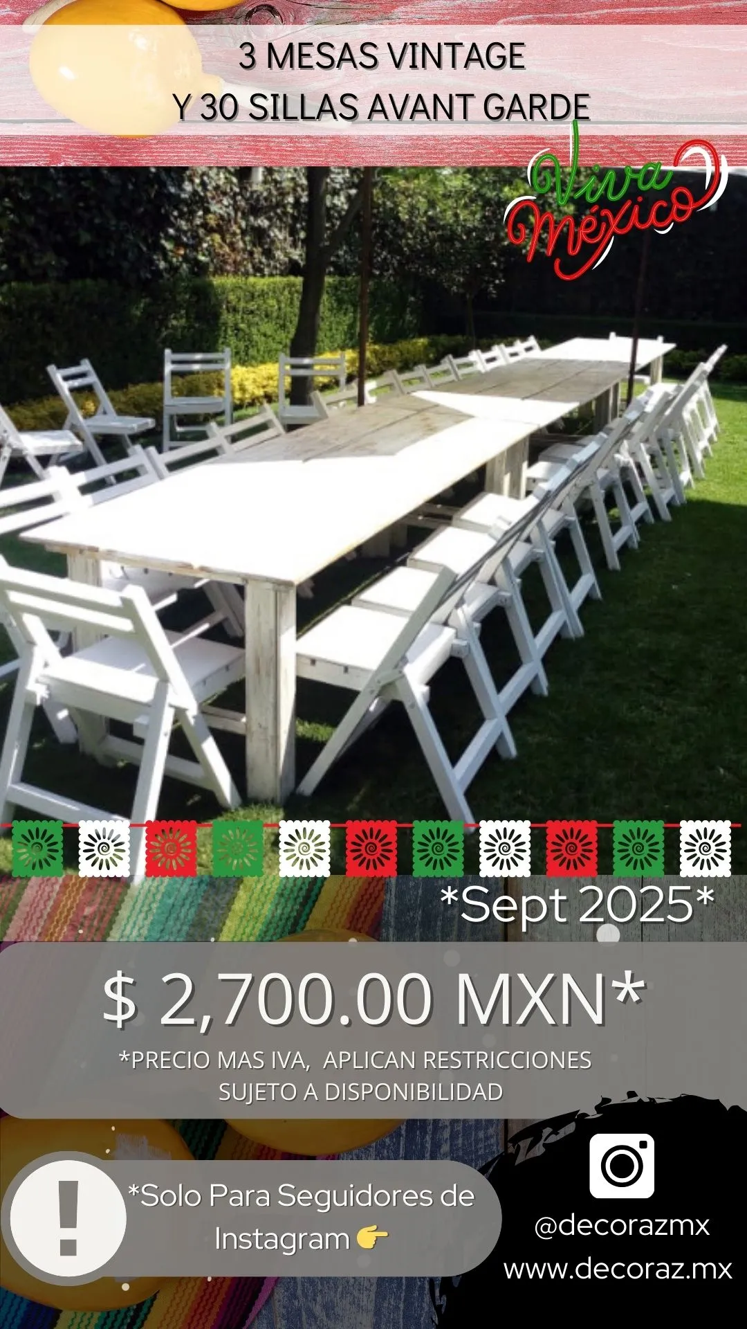 Promoción de renta de Mesas Vintage 2025 Promo de Mesas Vintage